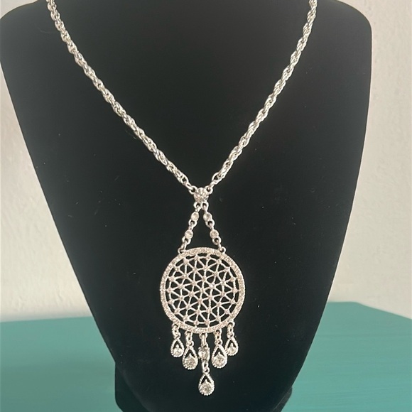 Charming Charlie Jewelry - Art Deco Silver Tone Rhinestone Encrusted Chandelier Filigree Pendant Necklace